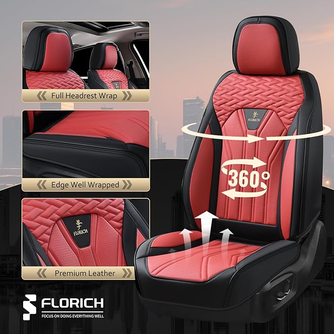FLORICH Seat Covers for Cars, Waterproof Automotive Seat Covers, Leather Car Seat Covers 2 Pack, Universal Front Seat Cushion Protector for Most Cars Trucks SUV-Black&Burgundy