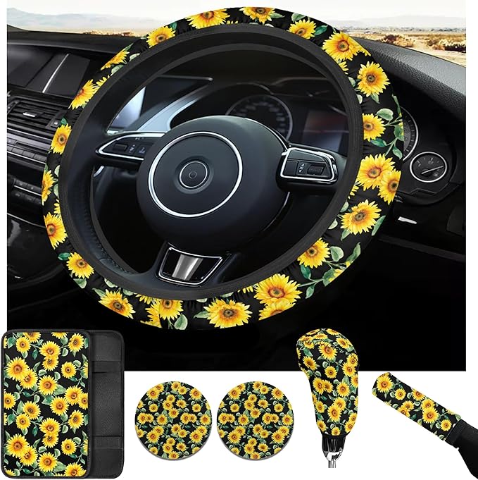 Sunflower Print Car Steering Wheel Covers Set Men Women Car Interior Accessories 6 Pcs Cup Coaster Handbrake Gear Cover Fit for SUV Truck Sedan