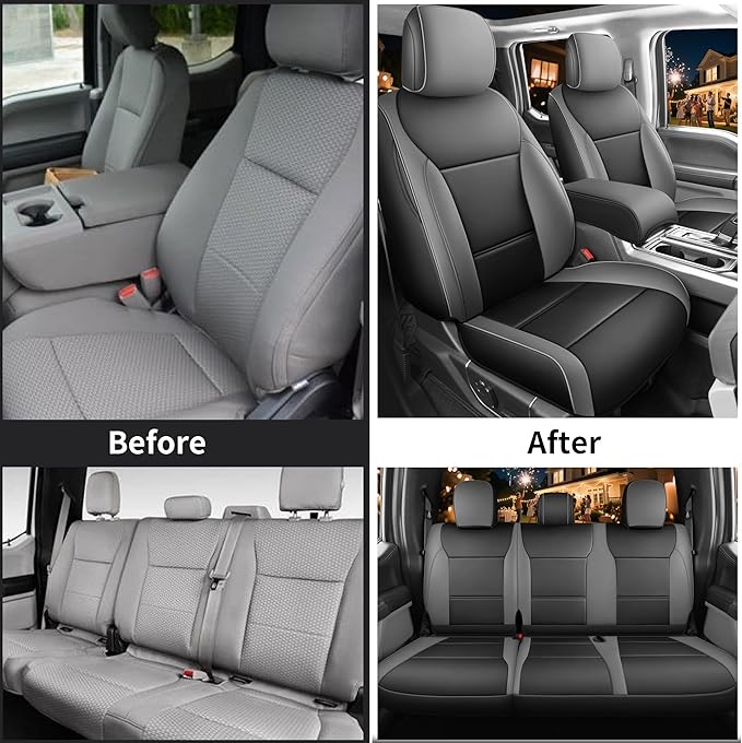 Red Rain Leather F150 Seat Covers Custom Fit for Ford F150 SuperCrew/CrewCab 2015 to 2025 XL XLT STX Pickup Truck Black and Gray Seat Cushion Cover Full Set (F150-Black+Gray)