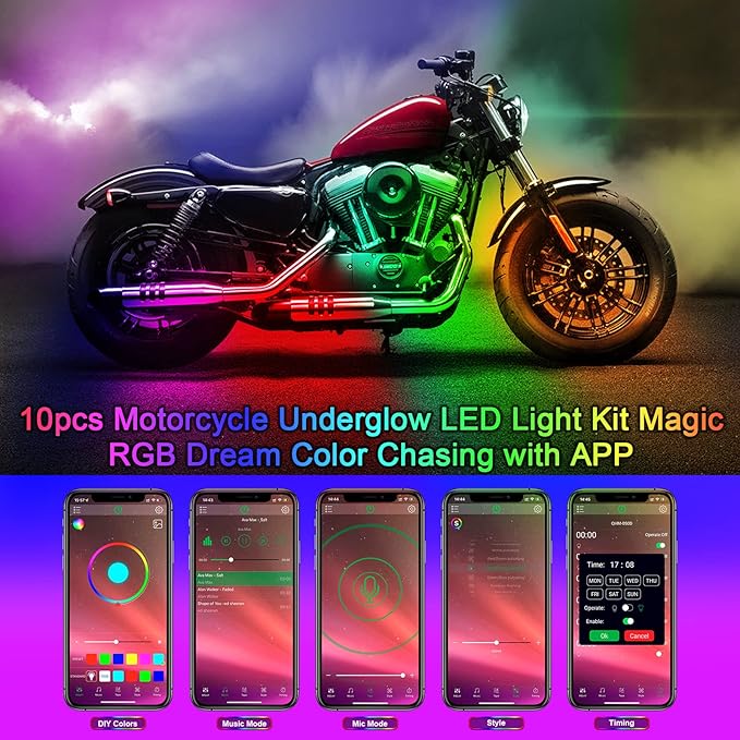 10Pcs Motorcycle LED Underglow Kit, RGB LED Strips Lights with APP Control, Compatible with Harley Davidson, Honda, Kawasaki, Suzuki