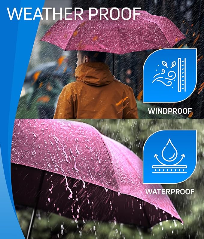 Rain-Mate Windproof Compact Umbrellas for Rain - Strong Reinforced Fiberglass Rib Design & Auto Open & Close - Portable Folding Travel Umbrella - Lightweight & Packable for Women & Men, Easy Collapse