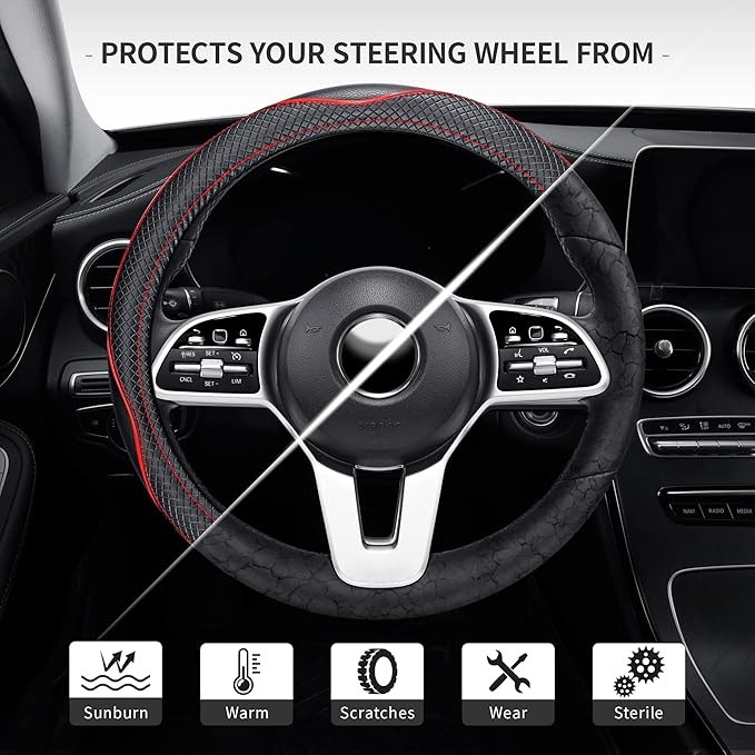 GXT Steering Wheel Cover, PU Leather, Universal 15 Inches, Non-Slip, Odourless Car Interior (Black Red)