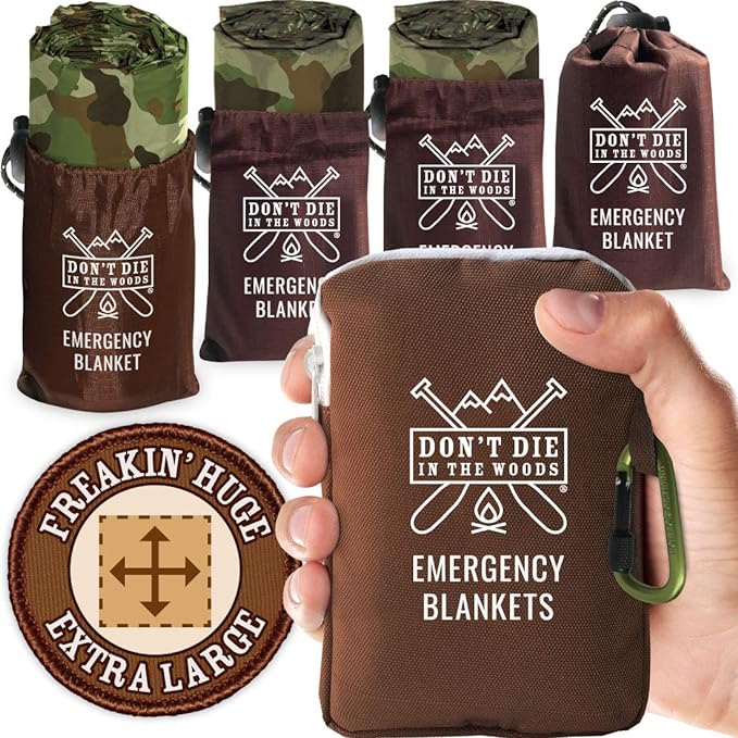 Don't Die In The Woods - Freakin’ Huge Emergency Blankets [4-Pack] Extra Large Thermal Mylar Space Blanket - One of The Ten Essentials Outdoor Survival Gear for Hiking Camping First Aid Kit (Camo)