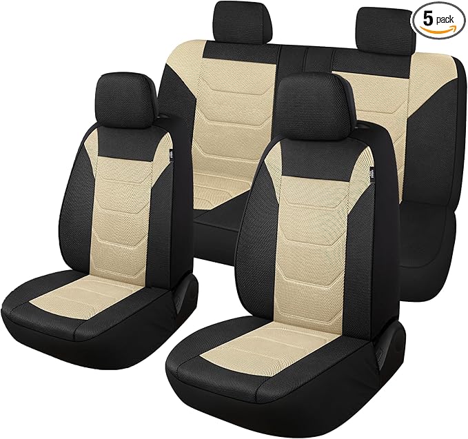 3D Air Mesh Car Seat Cover Full Sets Washable and Breathable Premium Cloth Automotive Vehicle Seat Covers for Cars Interior, Universal Fit for Most Cars, Sedan, Truck, SUV(Black/Beige)