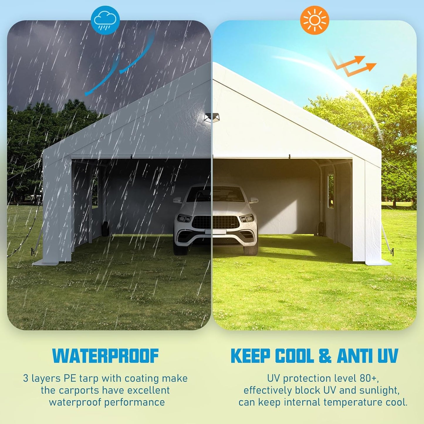 20x20 Carport Canopy, Heavy Duty Car Port, Portable Car Ports Garage with 2 Roll-Up Zipper Drive Through Doors, White