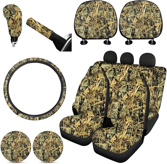 FKELYI Universal Car Seat Covers - Full Set for front, rear & gear shift - Camo Seat Protector Accessories with Steering Wheel, Cup Coasters & Headrest Covers