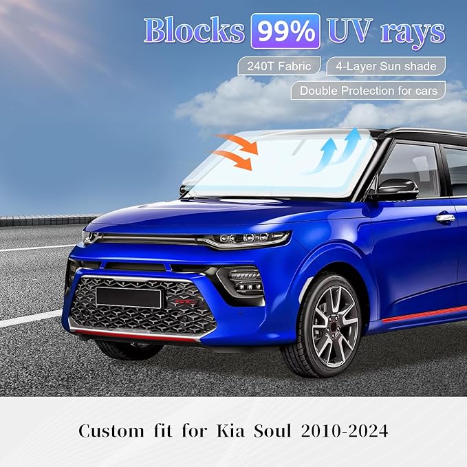 Sun Shade Sunshade for Kia Soul 2020-2024 2025 2026 Windshield Cover, 4-Layer Front Window Shade Custom fit SoulSun Visor 240T Retractable Shield Shade Blocks UV Rays Cooler Car Accessories