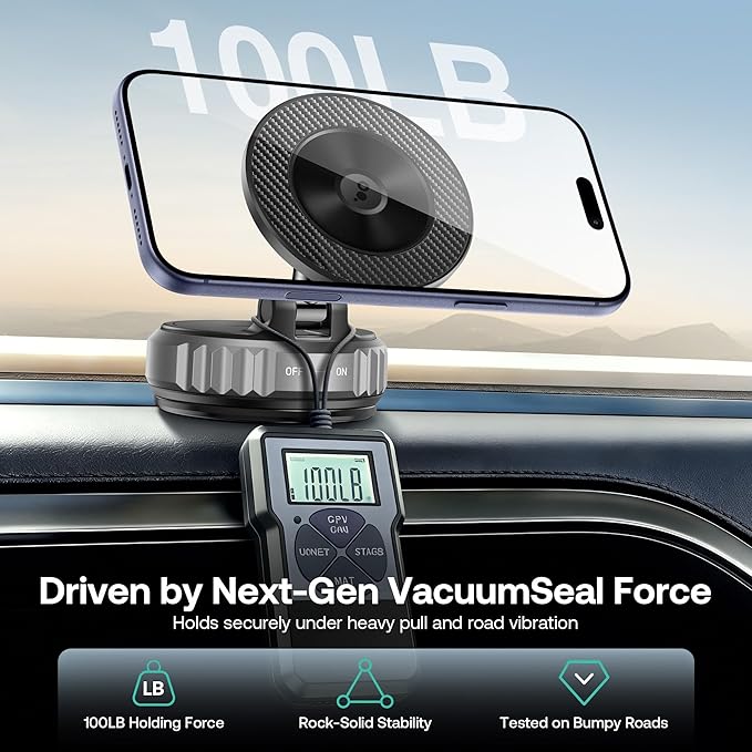 Golinbox Upgraded Nano Gel Vacuum Magnetic Car Phone Holder for MagSafe 360° Adjustable, [100+LBS Suction & 3000gf Magnetic] Suction Cup Phone Mount for Your Car/Gym/Mirror Mount for iPhone & Android