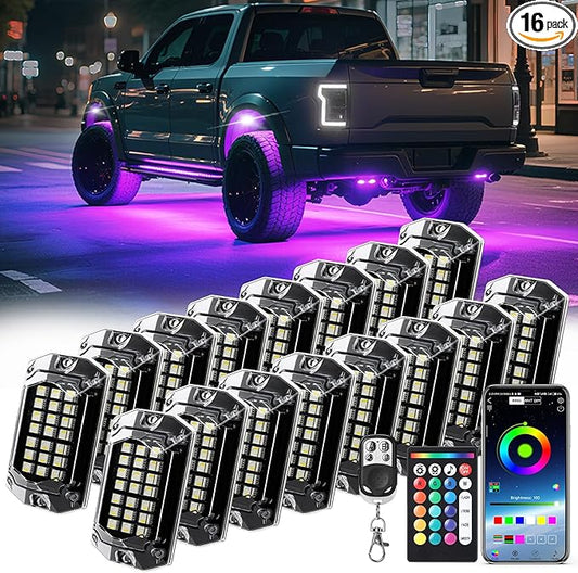 16 Pods Full Angle RGBW LED Rock Lights for Truck Jeeps RV Pickup Offroad UTV SUV Van, RGB and White Waterproof Multicolor Neon Underglow Kit with APP/RF Remote Vehicle Underbody Light Underneath 12V