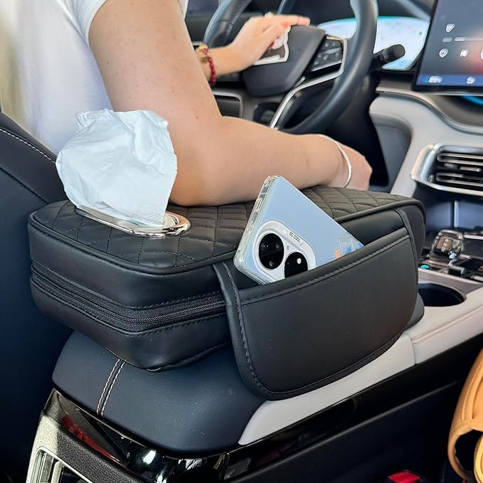 Upgraded Multi-Functional Car Center Console Cover, PU Leather Armrest Pad Cushion with Memory Foam Cushion, 2 Storage Pockets, Tissue Box Hole for Sedan Vehicles, 7 Colors (Black)