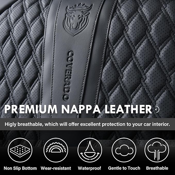 Coverado Front Seat Covers, Car Seat Covers Front Seats, Nappa Leather Seat Covers for Cars, Waterproof Seat Covers with Lumbar Support Universal Fit for Most Cars SUV Trucks (Front, Black)