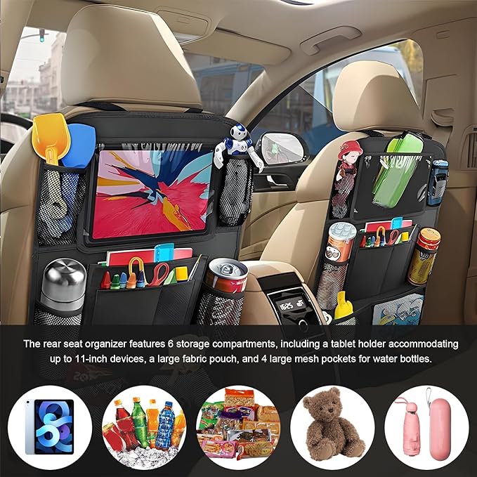 Car Seat Back Organizer, Auto Multi-Pockets Backseat Storage Bag with Tablet Holder, Waterproof Oxford Cloth Seat Back Protector Kick Mat for Most Vehicles, Car Accessories (Style B)