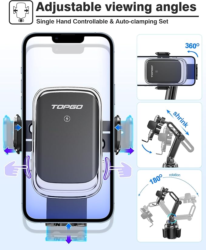 [Upgraded] TOPGO Cup Phone Mount Wireless Charger,Universal Cell Phone Holder Car Charger Wireless-Charger-Cup-Phone-Holder Fast Charging for iPhone16/16 Pro/16 Pro Max, Samsung Galaxy - Black