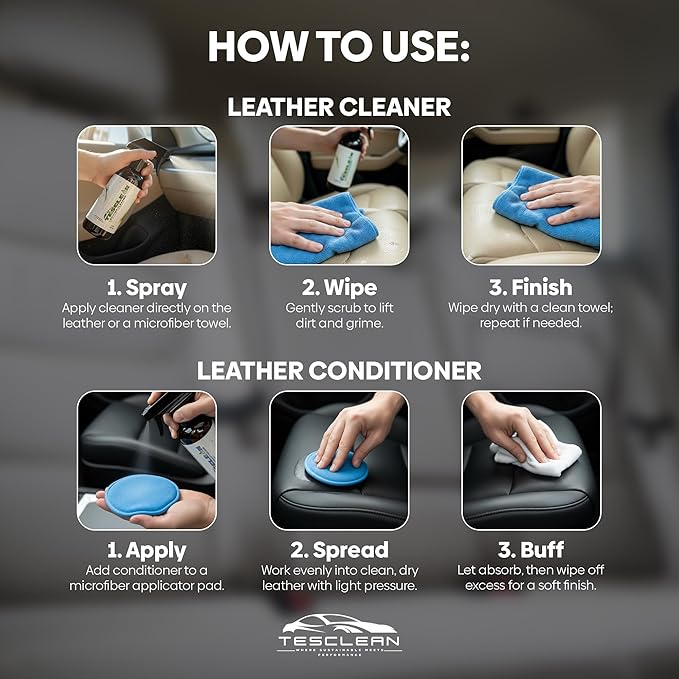 Tesla Leather Seat Cleaner & Conditioner, Made in the USA, Tesla Cleaning Kit Interior V egan Conditioner Electric Vehicle Interiors, Fits Model S, 3, X, Y (2026), Includes Microfiber Cloth & Sponge