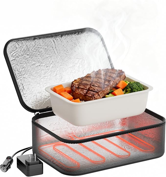 Portable Food Warmer - Heated Lunch Box for Adluts - Electric Thermal Lunch Bag with Buckle Handle, Heating Food Warmer Bags for 12V/24V Car & Truck, 110V/220V Home/Office, Khaki