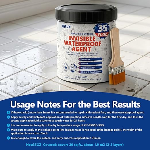 Transparent Waterproof Sealant, 35 Oz Transparent Waterproof Coating for Roof Repair, Walls, Window, Bathroom, Kitchen, Water-Based Clear Sealant, Indoor & Outdoor Invisible Waterproof Agent