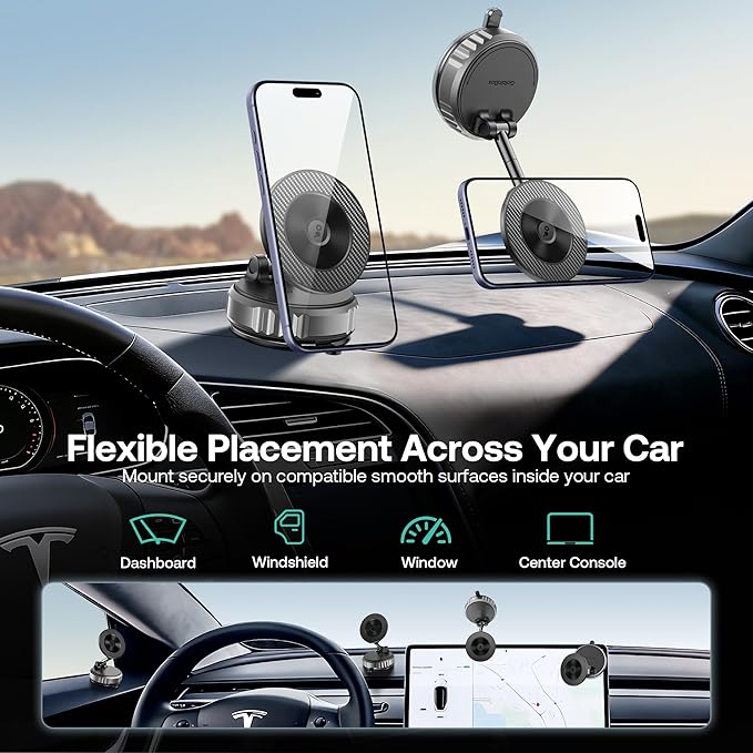 Golinbox Upgraded Nano Gel Vacuum Magnetic Car Phone Holder for MagSafe 360° Adjustable, [100+LBS Suction & 3000gf Magnetic] Suction Cup Phone Mount for Your Car/Gym/Mirror Mount for iPhone & Android