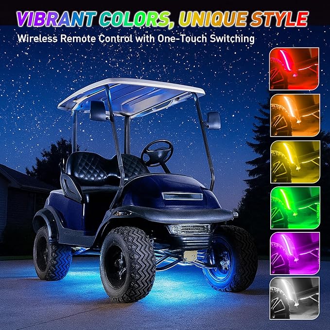 Golf Cart Underglow LED Light Strip Kit, 28 RGB Modes with Music Sync & Wireless Remote | 12-85V Wide Voltage, Fit Club Car, EZGO, Yamaha (2/4/6 PCS)