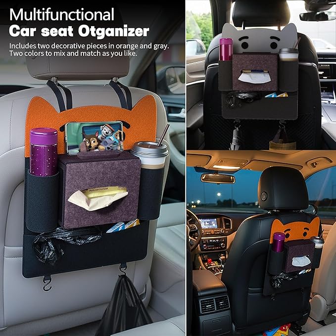 Backseat Car Organizers Felt Storage Box Hanging Storage Pocket Auto Travel Essentials Accessories for Kids & Adults, Universal for Most Cars With 2 Detachable animal-face