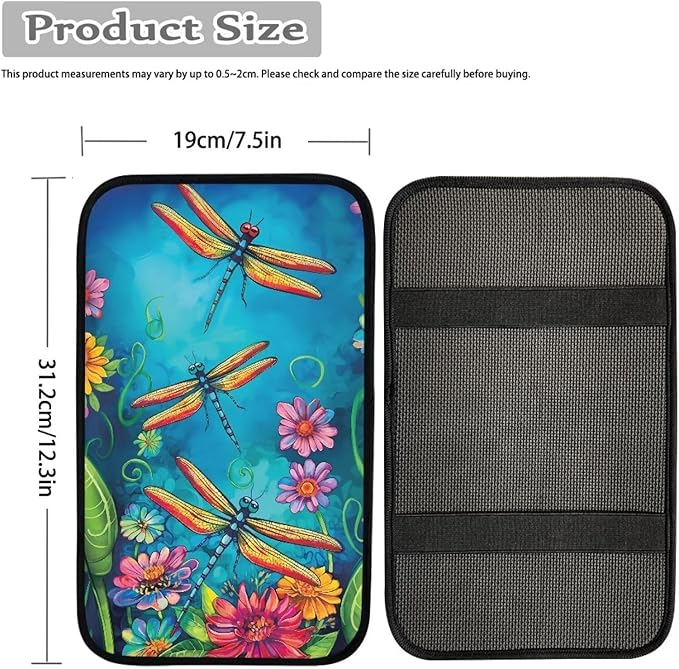 Dreaweet Dragonfly and Flower Print Car Center Console Armrest Cover Pad Soft Universal Center Console Armrest Cover Protector for Vehicle SUV Trucks Sedan Cute Car Accessories for Women Girly