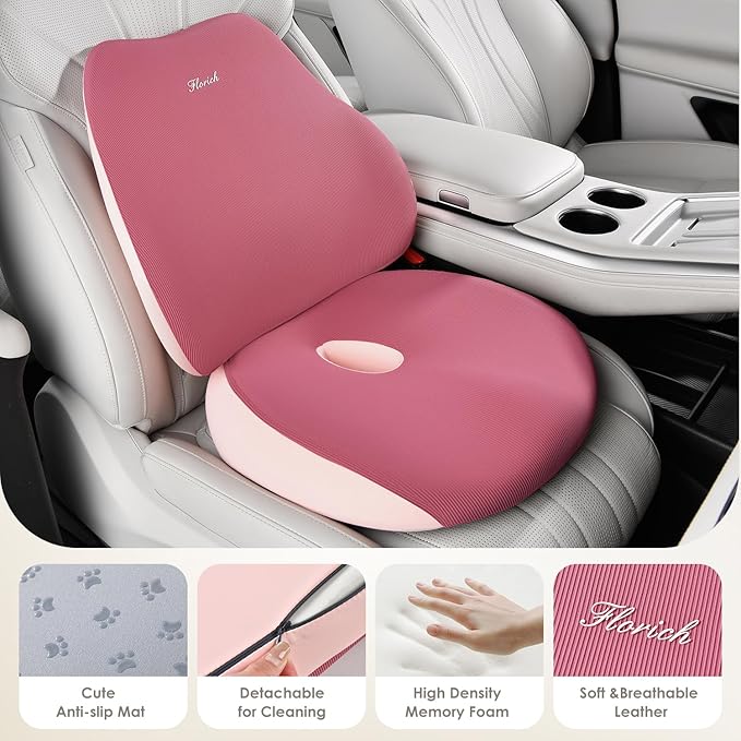 FLORICH Car Seat Cushion and Lumbar Support Pillow, Ergonomic Memory Foam Driving Seat Cushions for Back & Sciatica Pain Relief, Non-Slip Cushion for Car, Office, Truck, Wheelchair, Gaming Chair-Pink