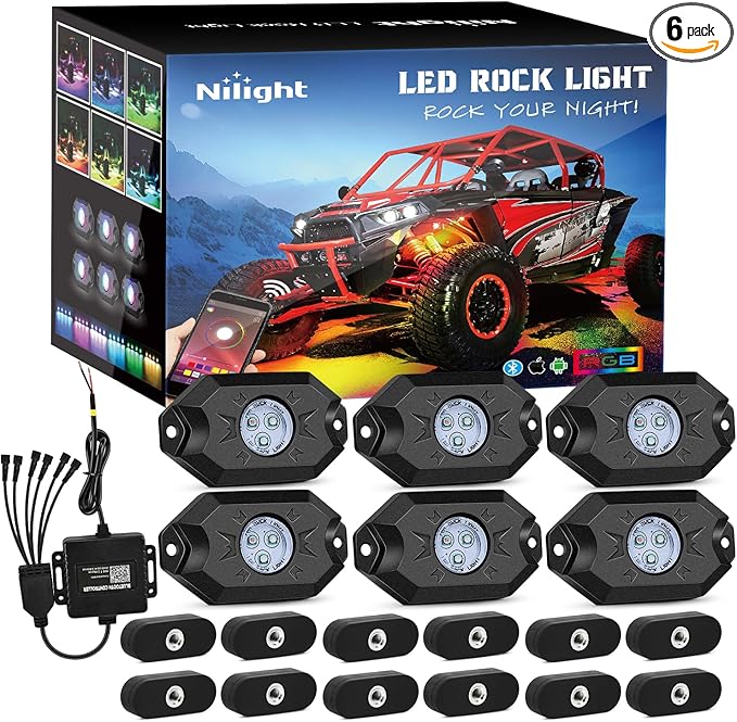 Nilight RGB LED Rock Lights Kit 6 PCS Underglow Multicolor Neon Light Pod with Magnetic Base Bluetooth App Control Flashing Music Mode IP68 Wheel Well Light for Truck ATV UTV RZR SUV