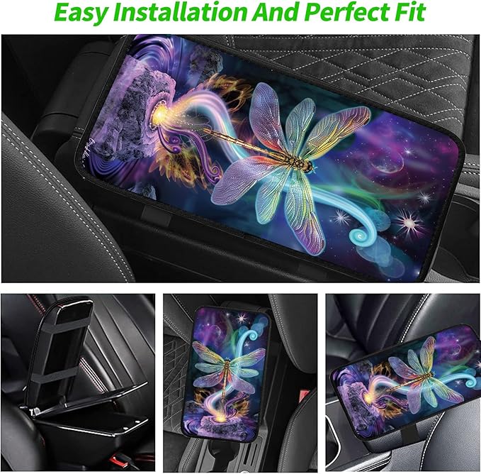 Car Armrest Cover Pads Universal Fashion Cute Auto Center Console Armrest Cover Pad with 2PCS Car Coasters Soft Waterproof Car Armrest Seat Protector for Women, Colorful Dragonfly