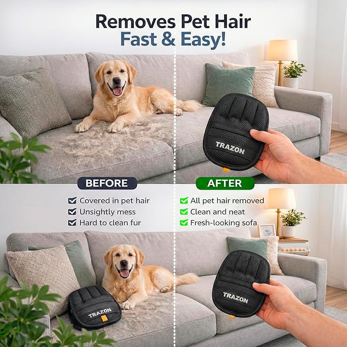 Trazon Pet Hair Removal Gloves 2 Pack – Electrostatic Pet Hair Removal Mitt for Cats & Dogs – Magic Brush Pet Hair Remover & Reusable Lint Brush Alternative for Couch, Furniture, Clothes & Car Seats
