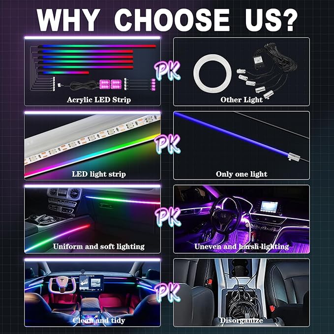 Dreamcolor Acrylic Interior Car LED Strip Light with Wireless APP Control, RGB 14-in-1 Ambient Lighting Kit with Music Sync, Dynamic Color Chasing Neon Light Kits for Car Interior