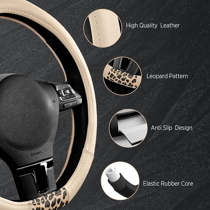 Road Comforts D-Type Steering Wheel Cover - Made with PVC Leather and Leopard Fabric - Universal Fit for 15-Inch D-Shaped Automotive Steering Wheels (Milky White)
