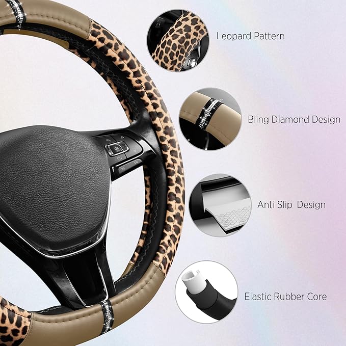 Road Comforts Leopard Steering Wheel Cover - Made with PVC Leather Cheetah Print, D-Shaped Automotive Steering Wheels - Anti-Slip, Universal Fit 14 1/2 inches to 15 inches - Beige