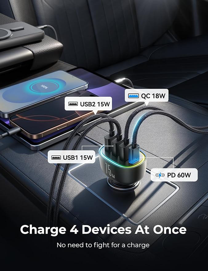 75W Car Charger USB C, 4 Port Super Fast Cigarette Lighter USB Charger, Type C 60W & QC 3.0 Multiport Car Phone Adapter Accessories for iPhone 17/16/15/14 Samsung S26 Series with 3.3ft 60W USB C Cable
