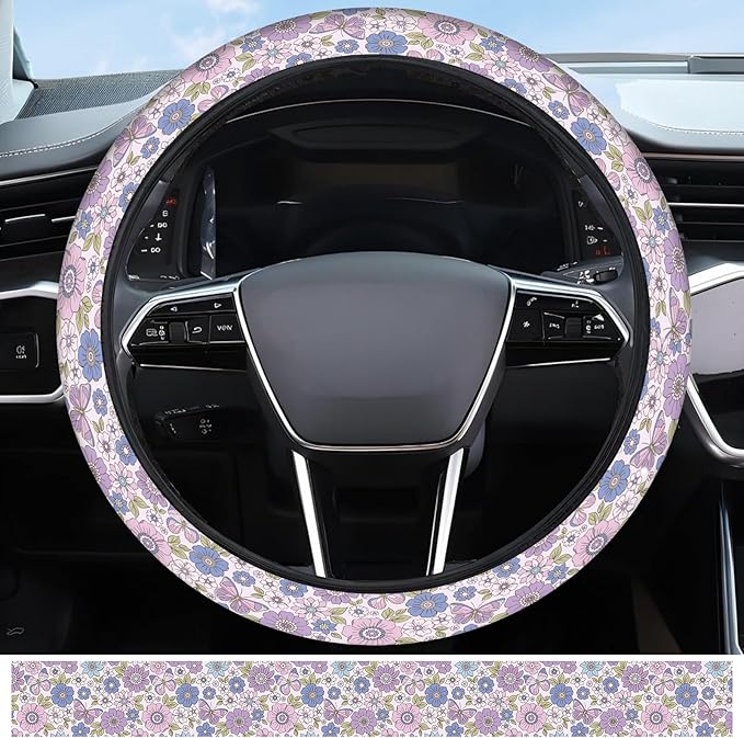 Elastic Car Steering Wheel Cover, Universal 15 inch Non-Slip Breathable Neoprene Steering Wheel Protector, Car Accessories for Women Men Fit Auto, Suvs, Truck Purple Flowers