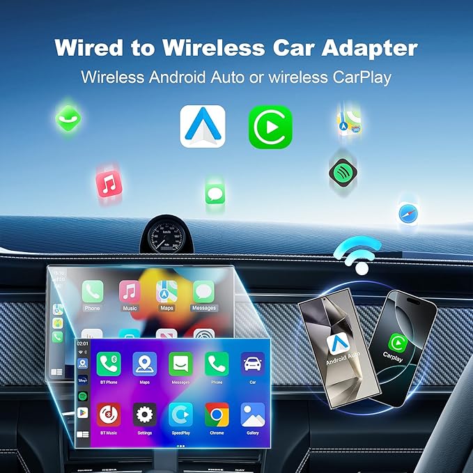 2 in 1 Mini Android Auto and Wireless CarPlay Adapter Convert Factory Wired to Wireless Dongle, Compact Size USB CarPlay Wireless Stick AAndroid Auto Adapter for iOS 12+/Android No Delay