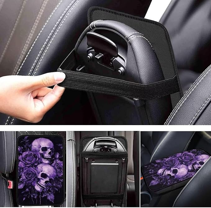 Dreaweet Purple Rose and Skull Print Center Console Cover Goth Car Accessories Middle Console Covers for SUV Sedan Non Slip Anti Scratch Arm Rest for Car Armrest Storage Box Mat
