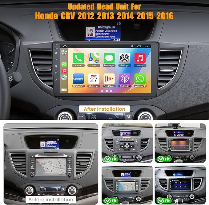 8 Core 6GB+128GB Car Radio for Honda CRV 2012-2016,10.2 Inch QLED Touch Screen Car Stereo with Carplay&Android Auto,WiFi,GPS Navigation,Bluetooth5.0,FM&AM Radio