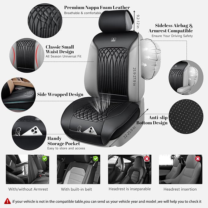 CAR PASS Car Seat Protector, Sideless Seat Covers for Cars, All Season Waterproof Nappa Leather Breathable Front Seats Cushion with Storage Pocket Universal Fit Vehicle Car SUV Truck, 2 Pack All Black