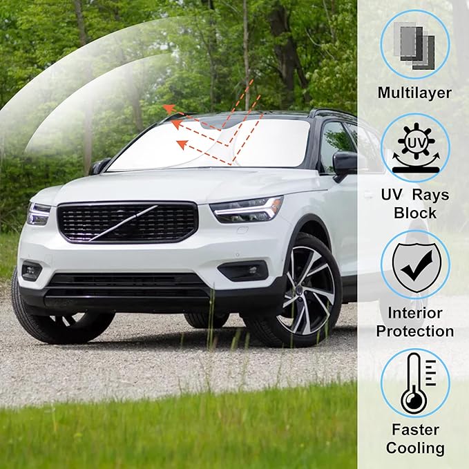 Windshield Sun Shade Custom Fit for 2019-2024 2025 2026 Volvo XC40 Accessories Foldable Sunshade Sun Blocker Protect Car from Sun Rays & Heat Damage Keep Car Cooler