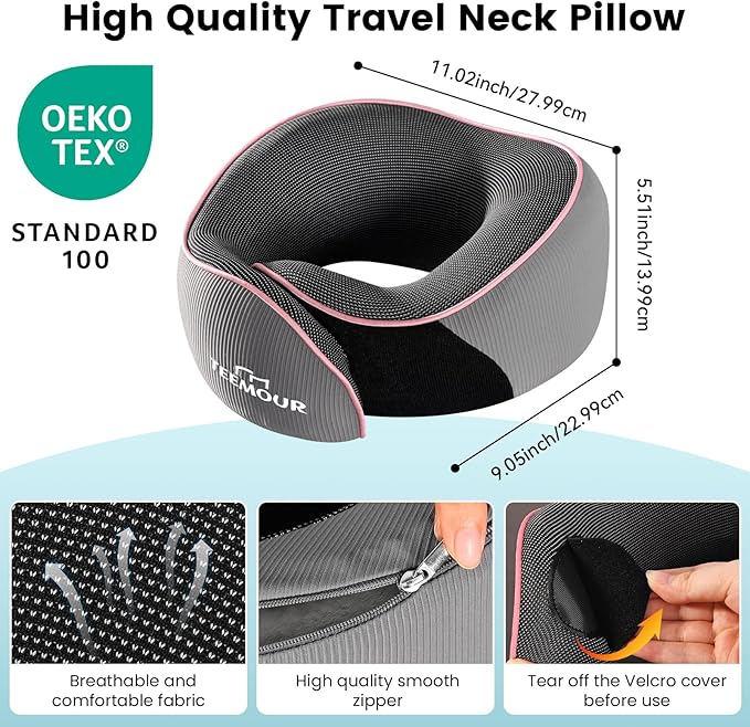 Teemour Travel Neck Pillow Airplane- Upgraded Memory Foam Neck Pillow for Airplanes 360° Support Desing, with Eye Mask & Earplugs, Portable Carry Bag for Long Flights, Business Trip|Travel Essentials