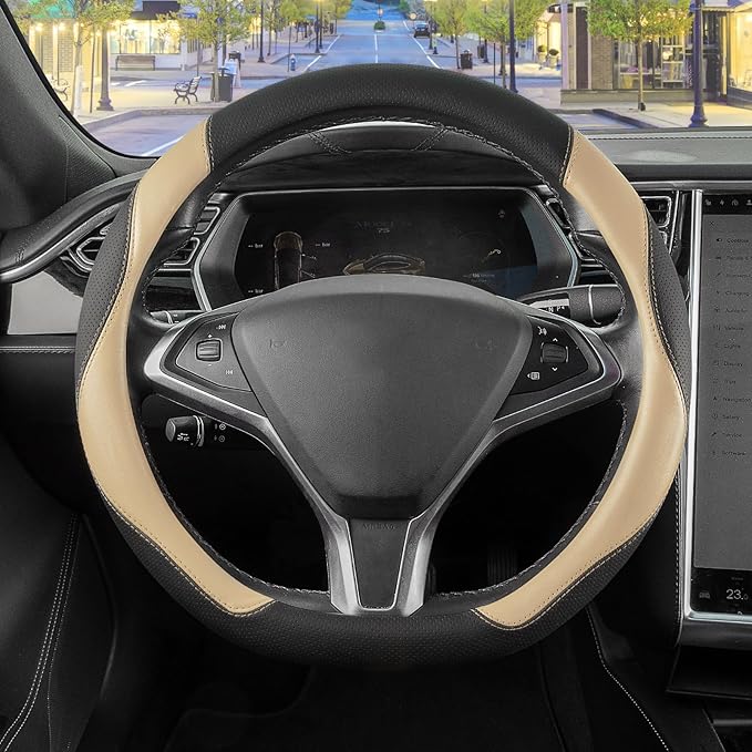 SEG Direct D Shaped Steering Wheel Cover, Flat Bottom Car Wheel Cover 14 1/2-15 in. (37-39 cm), Black and Beige Microfiber Leather