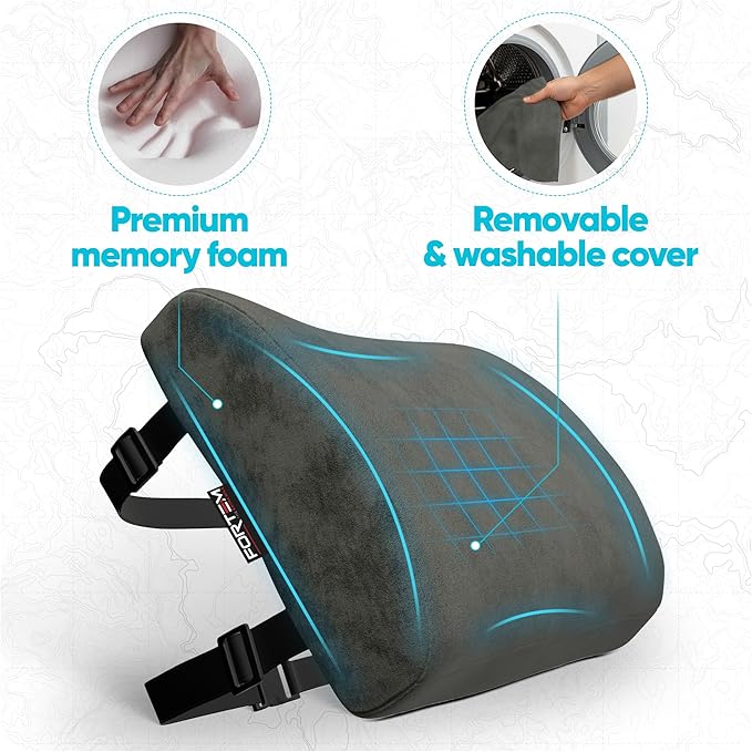 FORTEM Lumbar Support Pillow for Office Chair, Lumbar Support Pillow for Car, Back Rest for Gaming, Memory Foam Pillow, Desk Chair Cushion, Breathable & Washable Cover, Adjustable Straps