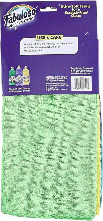 Fabuloso Microfiber Cleaning Cloths for Home & Car, Lint-Free Scratch-Free Rags for Glass, Kitchen & Wood, Reusable Machine Washable, Absorbent for Dusting & Wiping, Rainbow, 13 x 13 in, 8 Ct - 2 Pk