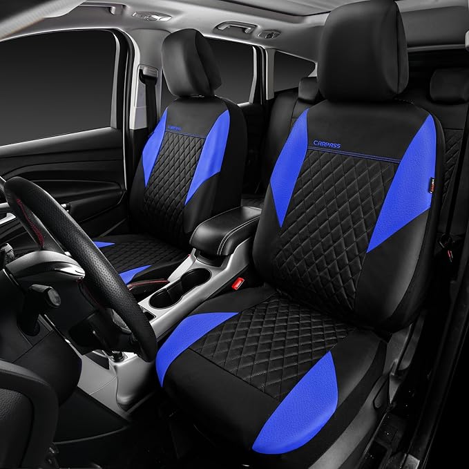 CAR PASS Leather Seat Covers-Universal Quilting Car Seat Cover with 5mm Composite Sponge Inside,Airbag Compatible,Front and Rear Seat Covers for Most Sedan,SUV,Van,Truck(Full Set,Blue)