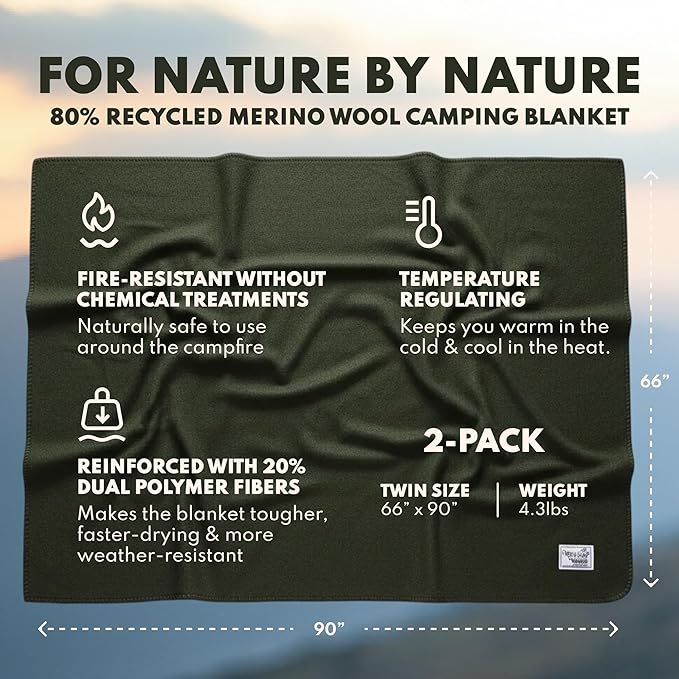 Woolly Mammoth 80% Merino Wool Camp Blankets (2-Pack) - Soft, Naturally Fire-Resistant and Temperature-Regulating - for Winter Camping, Bushcraft and Emergency Car Kits (66" x 90", Slate & Moss)