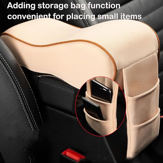 Auto Center Console Armrest Pillow, Memory Foam Car Armrest Cushion with Phone Holder Storage Bag Universal Fit for Most Car (Brown)