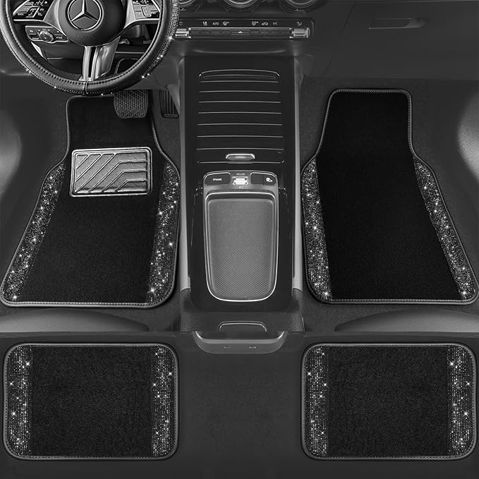 CAR PASS Bling Diamond Car Floor Mats, Sparkling Crystal Shining Glitter Rhinestone Carpet, Anti-Slip PVC Heel Pad Waterproof Universal for Automotive SUV,Sedan,Van,4pcs Girl Women Men Black Diamond