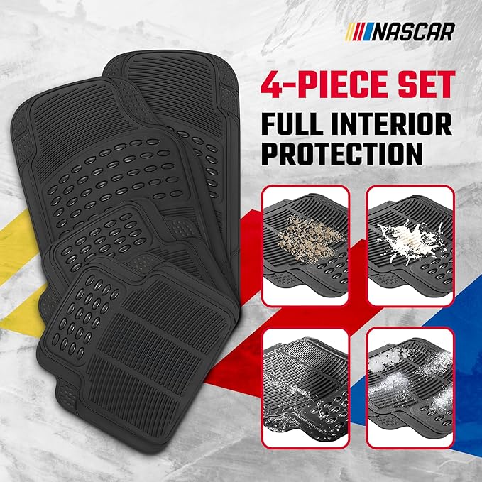 NASCAR Premium Car Floor Mats - 4-Piece Set | Heavy Duty All-Weather Rubber | Universal Trim-to-Fit for Cars, Trucks & SUVs | Traps Dirt, Snow & Water | Black Floor Mats