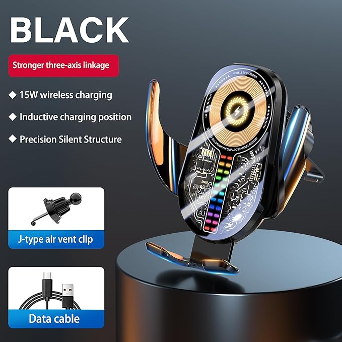 15W Car Phone Holder Wireless Charger - Auto Sensing Clamping 3-Axis Adjustable 360° Rotation Fast Charging Phone Holders for Your Car Vent Clip Slim Design with Unisex for iPhone Android Samsung