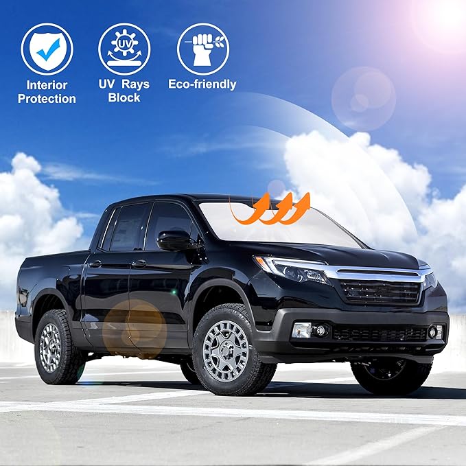 Windshield Sun Shade Custom Fit for 2017-2024 2025 2026 Honda Ridgeline Crew Cab Accessories Foldable Sunshade Sun Blocker Protect Car from Sun Rays & Heat Damage Keep Car Cooler