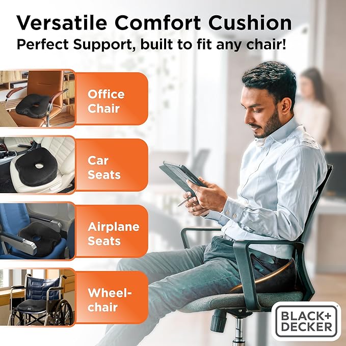 BLACK+DECKER High Back Tailbone Seat Cushion – Memory Foam Chair Cushion for Office, Car, Wheelchair & Airplane – Ergonomic, Non Slip, Breathable Mesh, Sciatic Pain Relief, Washable Cover, Black